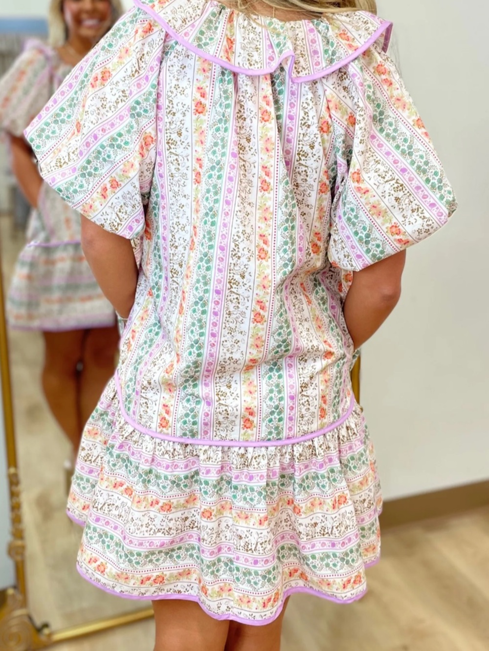 New Boho Floral Striped Ruffle Tiered Puff Sleeve Dress with Ruffle Bib Collar - Picture 2 of 7